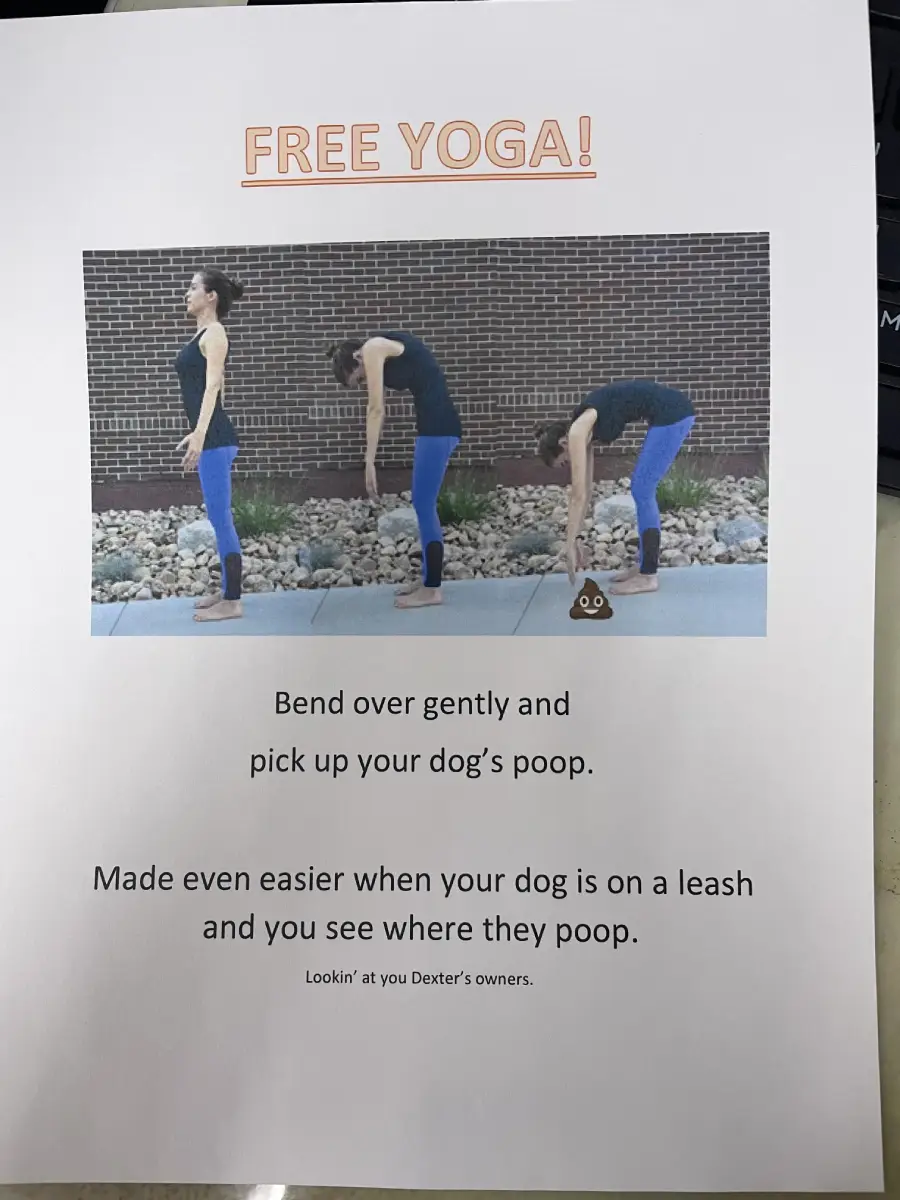 A flyer titled “Free Yoga!” shows a woman in yoga pants demonstrating a forward bend, with text humorously linking the pose to picking up dog poop. There is also a small poop emoji under her hand.