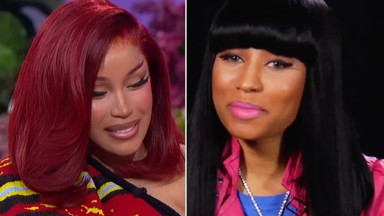 Two women are shown side by side. The woman on the left has straight red hair and is looking down, while the woman on the right has straight black hair with bangs and is smiling slightly.