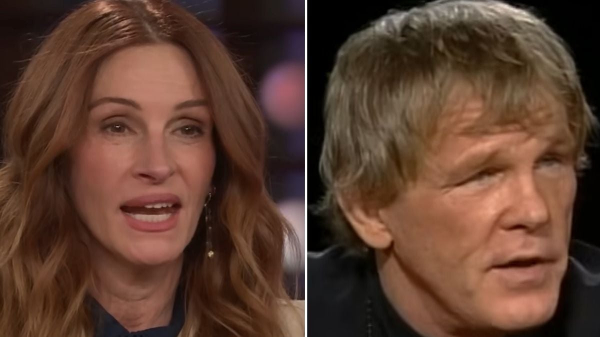 A split-screen shows a woman with long wavy hair speaking on the left and a man with short light hair talking on the right. Both appear to be in conversation.
