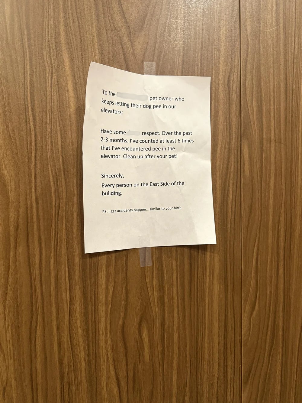 A typed note taped to a wood-paneled wall asks a pet owner to stop letting their dog pee in the elevator and requests they clean up after their pet. The note is slightly wrinkled.