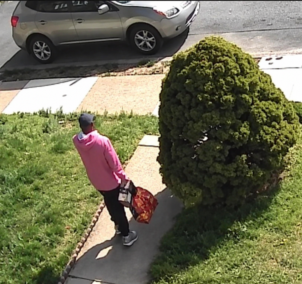 A person in a pink hoodie, dark pants, and a cap walks on a sidewalk carrying bags. A bush is on the right, and a gray car is parked on the street in the background.