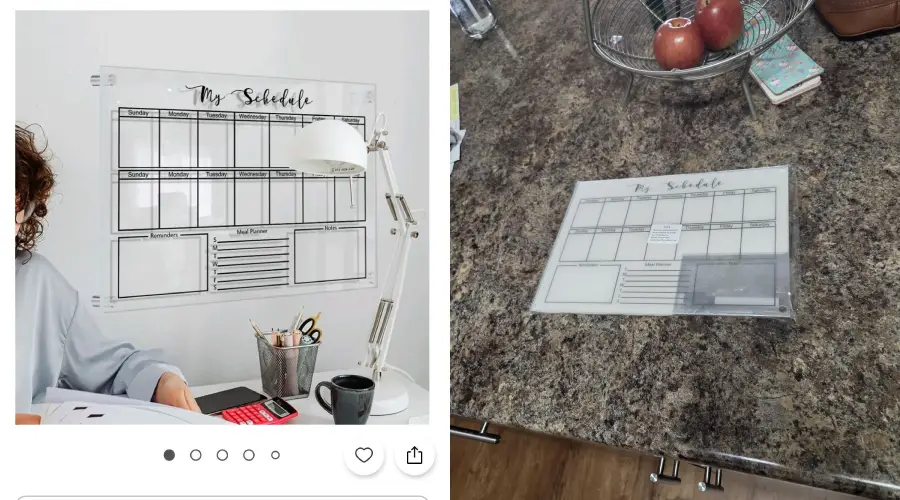 Split image: Left shows a wall-mounted acrylic weekly planner above a desk. Right shows a similar planner on a kitchen counter, much smaller than expected. Both planners have spaces for days, reminders, and notes.