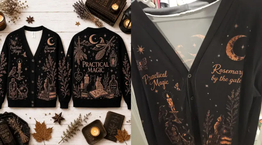 Two black cardigans with copper illustrations and phrases like “Practical Magic” and “Rosemary by the gate.” Designs feature books, plants, moon, stars, potions, and mystical objects, styled with autumn decor.