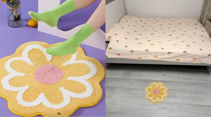 A split image: left side shows green-socked feet stepping on a yellow daisy-shaped mat; right side shows the same mat on the floor next to a bed with a peach-patterned duvet cover.