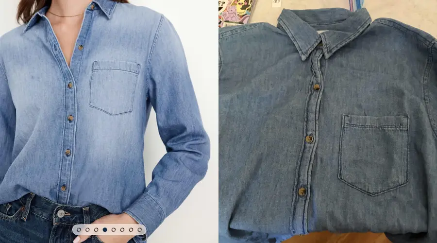 Side-by-side comparison of two denim shirts: the left shirt is worn by a person and appears newer, while the right shirt is laid flat and looks more faded and wrinkled.