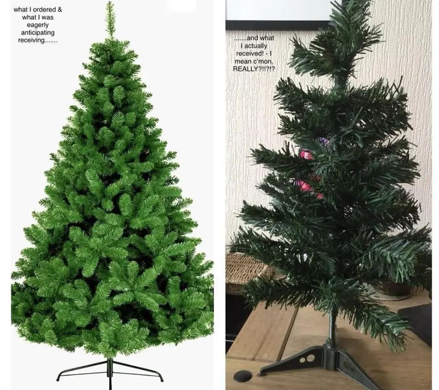 Side-by-side comparison of two artificial Christmas trees; the left tree is full and lush, while the right tree is sparse and uneven. Text highlights the difference between expectation and reality.