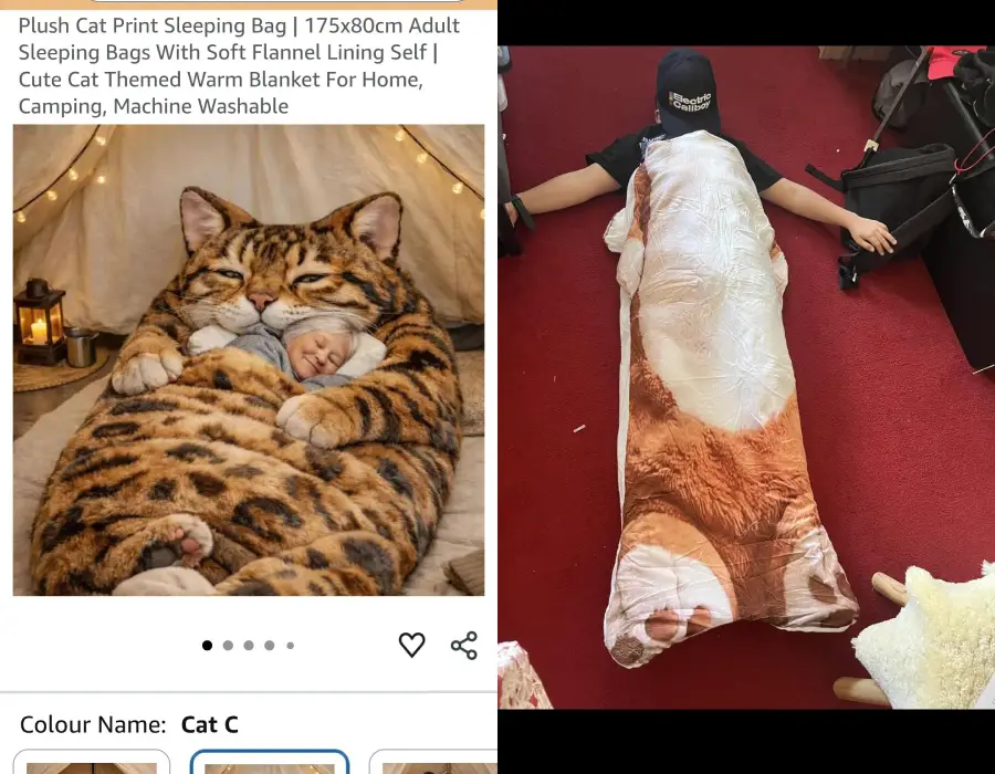 Left: A child sleeping in a cat-shaped sleeping bag. Right: A person lying on a red carpet inside the same cat-themed sleeping bag, arms outstretched. Both images show the realistic cat print design.