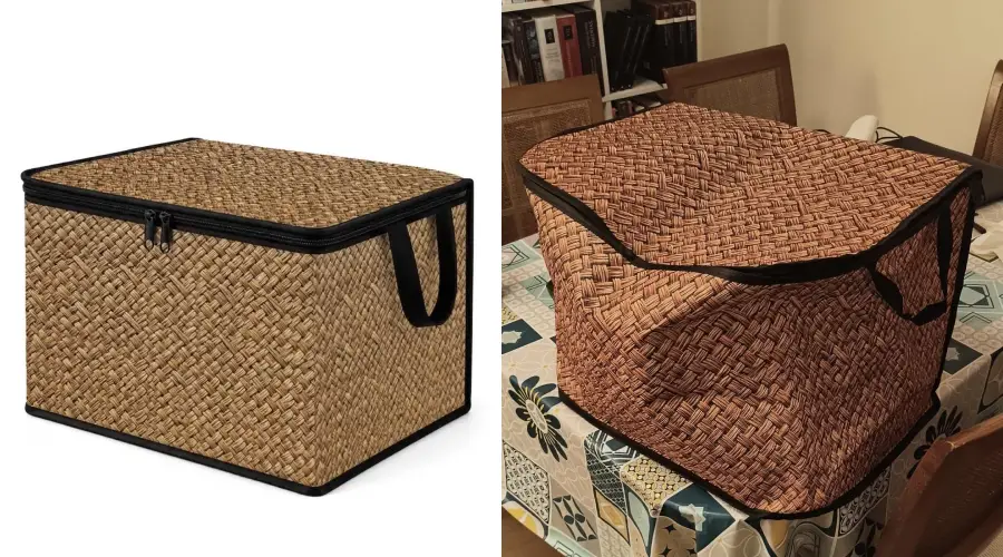 Side-by-side images of a zippered, woven storage box: on the left is a professional product photo, on the right is a less structured version placed on a patterned dining table.