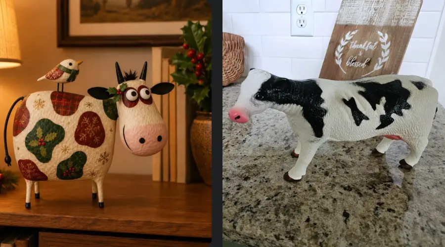 Left: A whimsical cow figurine with a bird on its back and patchwork design. Right: A realistic black and white cow figurine on a kitchen counter.
