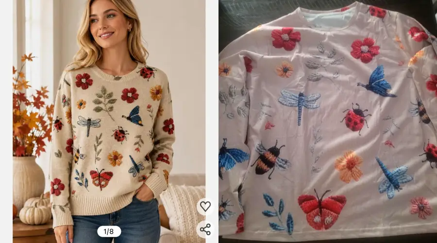 Side-by-side comparison of a woman wearing a beige sweater with embroidered flowers and insects, and a similar-looking sweater with printed designs laid flat on a surface.