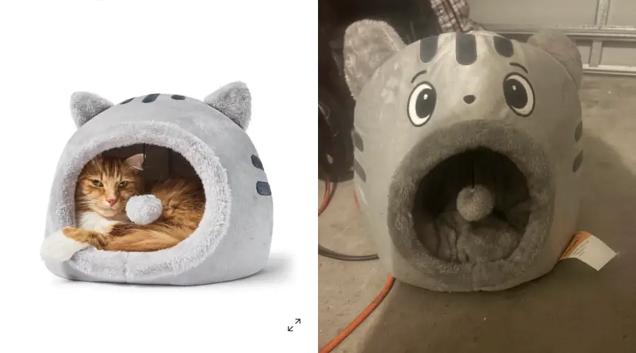 Left: A cat lies inside a plush, gray cat-shaped bed with ears and a hanging ball. Right: A poorly made version of the same bed, with uneven stitching and distorted facial features, sits empty on a concrete floor.