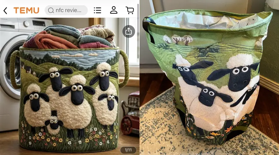 Two laundry baskets with sheep designs: the left one has plush, three-dimensional sheep, while the right one has flat, printed sheep with similar colors and style, both placed indoors on different surfaces.