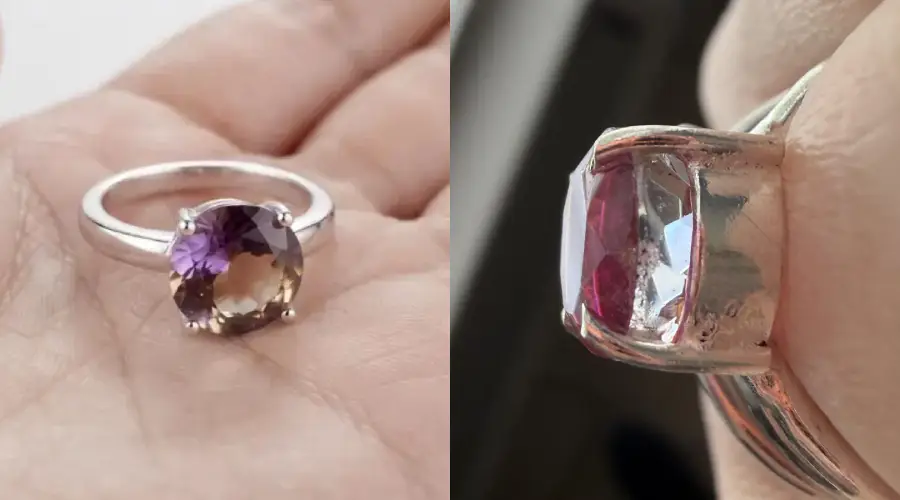 Side-by-side images of a gemstone ring: on the left, the stone appears purple and clear; on the right, the stone looks red and less transparent, both set in a silver band.