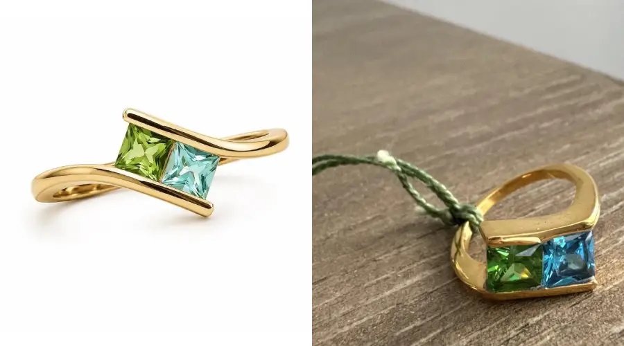 A gold ring with two square gemstones, one green and one blue. The left image shows the ring on a white background; the right image shows the ring on a wooden surface with a green string attached.