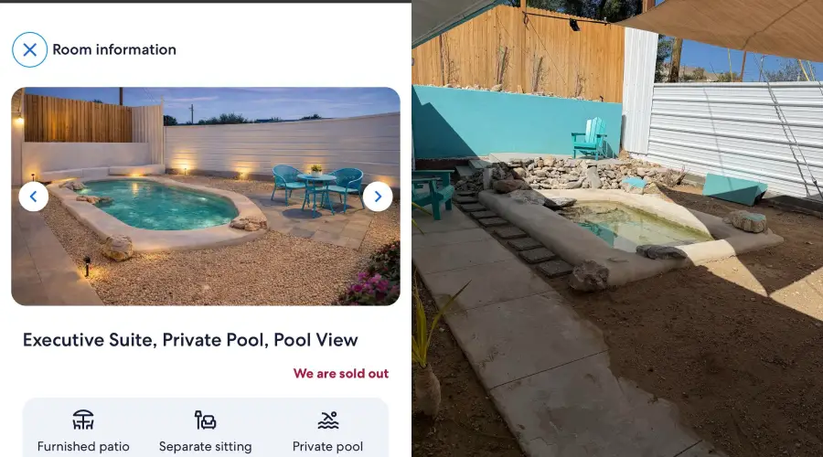 Side-by-side images show a brightly lit, modern patio with a small pool and seating area on the left, and a similar pool in a less finished, shaded outdoor space on the right.