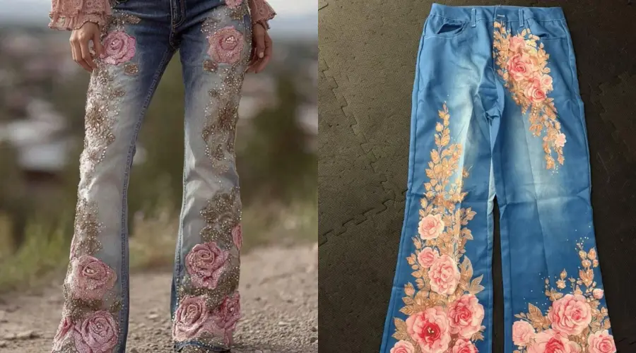 Two pairs of jeans: the left is worn, light blue with pink floral embroidery and sequins; the right is laid flat, bright blue with printed pink floral designs. Both have similar rose patterns on the legs.
