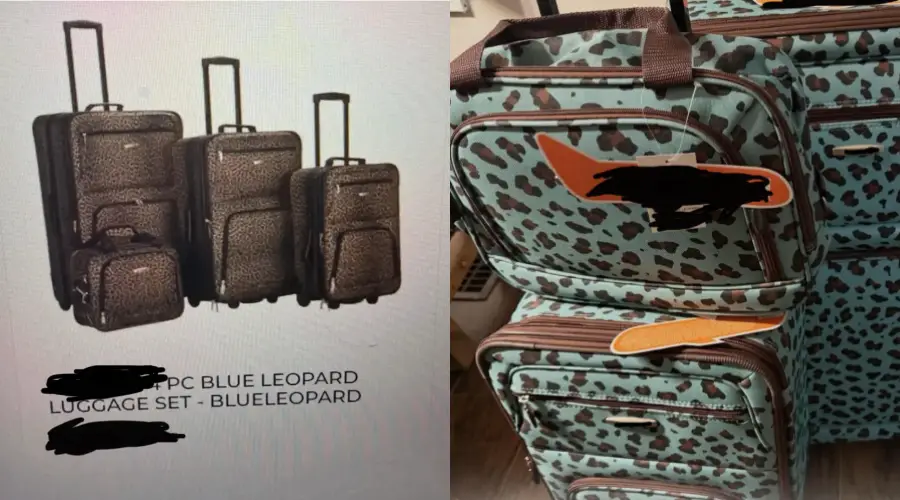Side-by-side images: left shows four blue leopard print suitcases, right shows two actual blue leopard print suitcases stacked, displaying brown handles and zippers. Some text on the left side is blacked out.