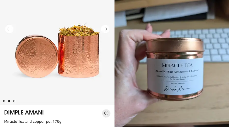 On the left, a copper pot filled with herbal tea is shown with its lid. On the right, a hand holds a tin labeled “Miracle Tea” containing chamomile and other herbs.