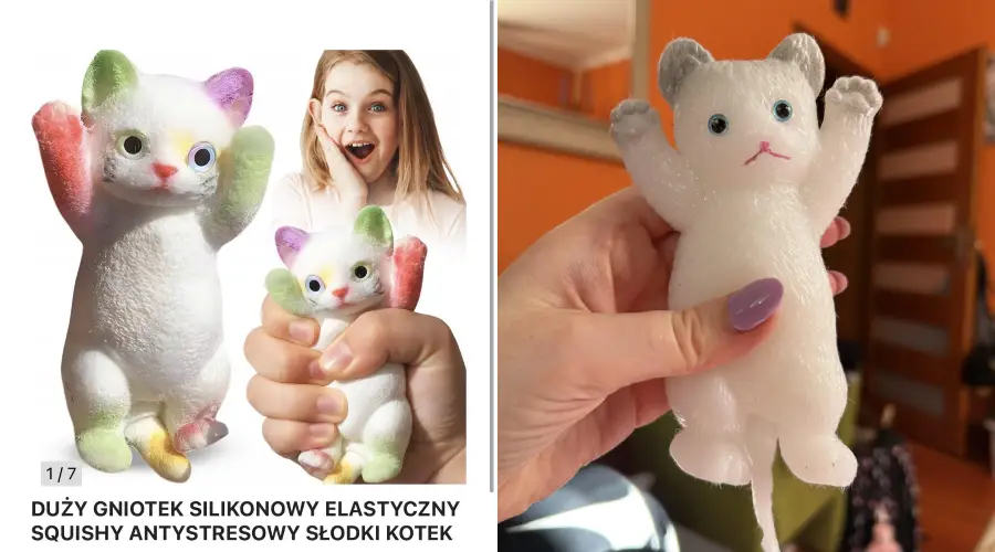 Two images: a woman holding a colorful squishy cat toy, smiling with surprise, and a close-up of the same squishy cat toy, white with pastel paws and ears, held upright in a room.