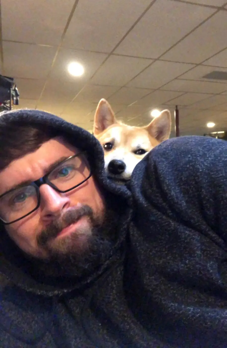 A man in glasses and a hoodie looks at the camera with a serious face while a Shiba Inu dog rests its head on his shoulder, peeking over and looking forward.