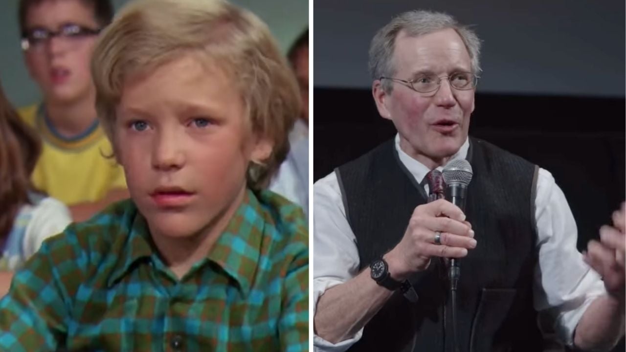 Side-by-side images: on the left, a young boy with blond hair wears a green plaid shirt; on the right, an older man wearing glasses and a vest speaks into a microphone.