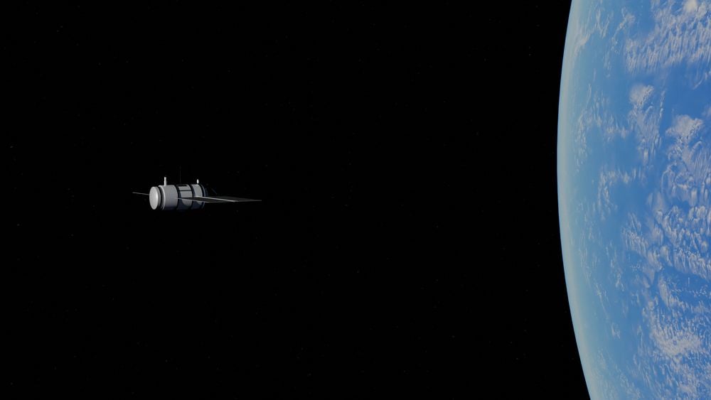 A satellite floats in the blackness of space with Earth visible on the right, showing blue oceans and white clouds.