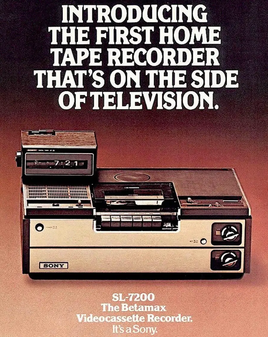 Vintage Sony ad showing a Betamax SL-7200 videocassette recorder with a home tape recorder on top, and bold white text highlighting its innovation for television use.