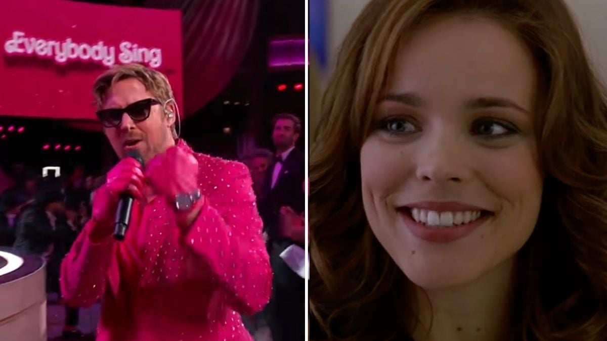 A man in a sparkly pink suit sings into a microphone on stage, while a woman with wavy brown hair smiles in a close-up shot.
