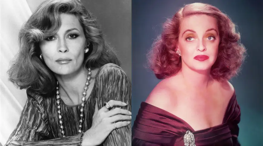 A black-and-white photo of a woman with wavy hair and a necklace is beside a color photo of another woman with styled hair, dramatic makeup, and an off-shoulder dress against a blue background.