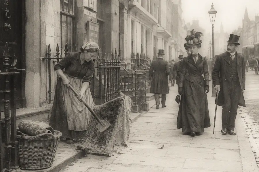 A woman sweeps the sidewalk outside a building while two well-dressed people, a man and a woman, walk past her on a busy city street in what appears to be the late 19th or early 20th century.