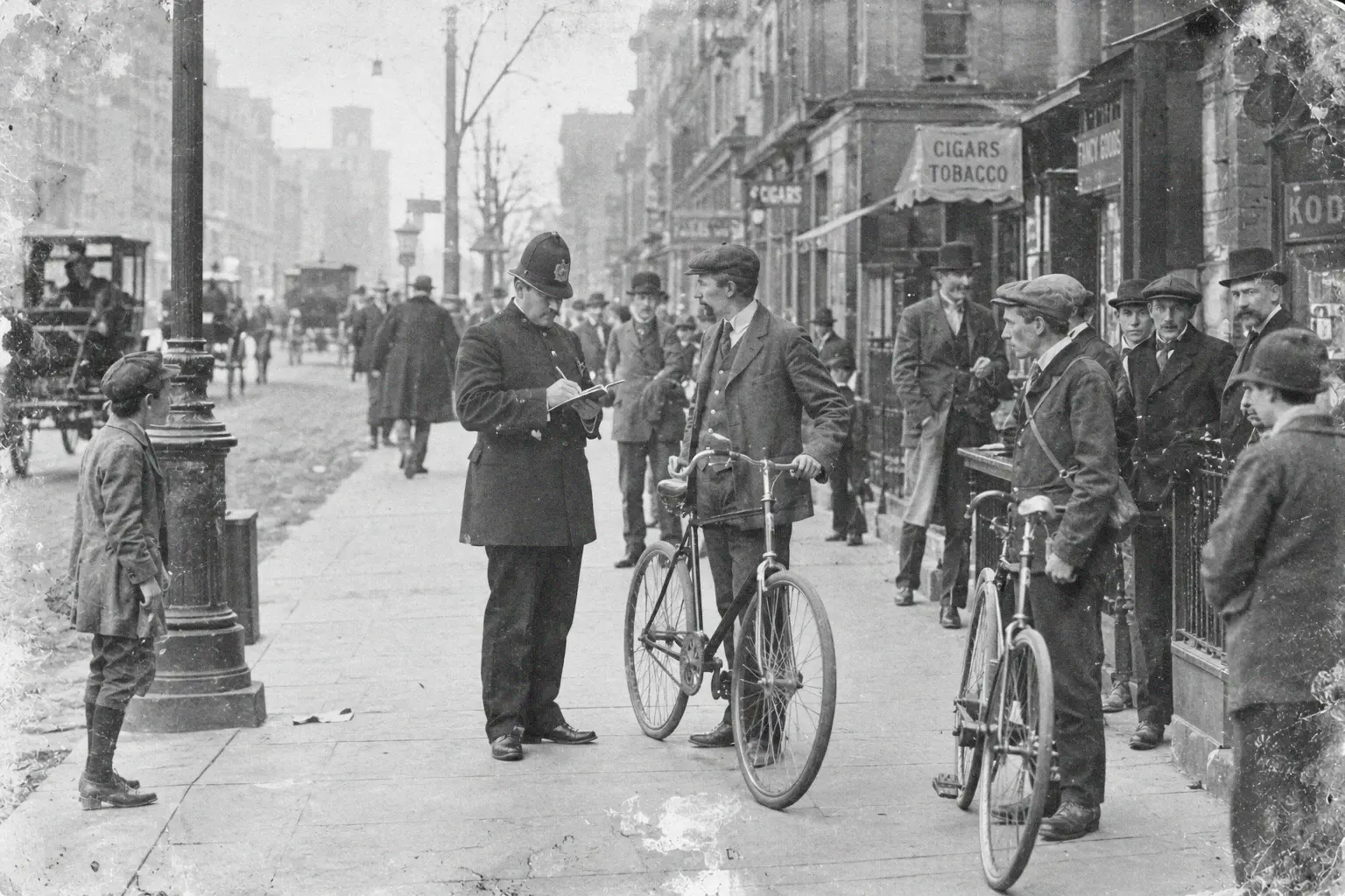 A vintage street scene with a policeman writing a ticket for a man with a bicycle, while another man with a bike and several bystanders look on in front of shops.