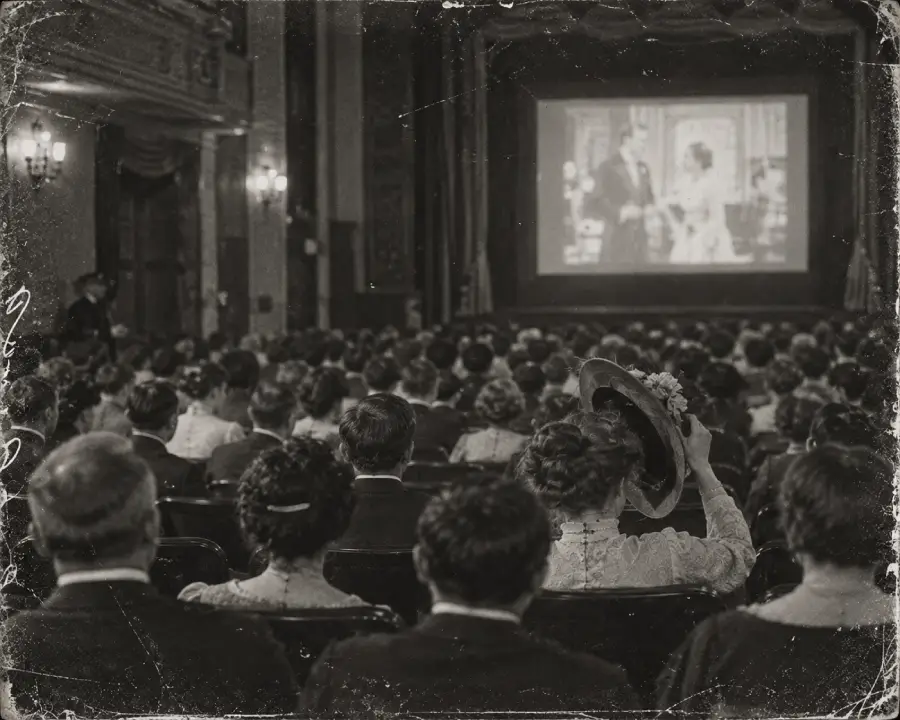 Black-and-white photo of a packed, vintage theater. Audience members, dressed in early 1900s attire, watch a film on a large screen. The image is slightly grainy and worn, conveying an old-time atmosphere.