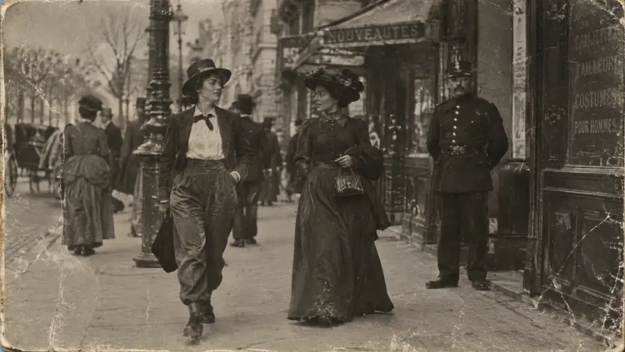 Two women walk side by side on a city sidewalk; one wears a suit and hat, the other a long dress and hat. People and a police officer stand nearby. The photo appears old and sepia-toned.