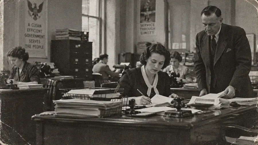 Black-and-white photo of an office with several people working at desks. A woman writes as a man stands beside her, looking at papers. Posters on the wall promote government service and efficiency.