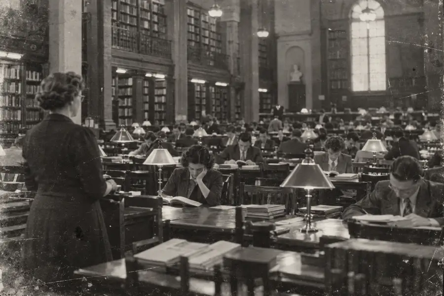 Black and white photo of a large library reading room filled with people studying at wooden desks, illuminated by desk lamps, with tall bookshelves lining the walls.