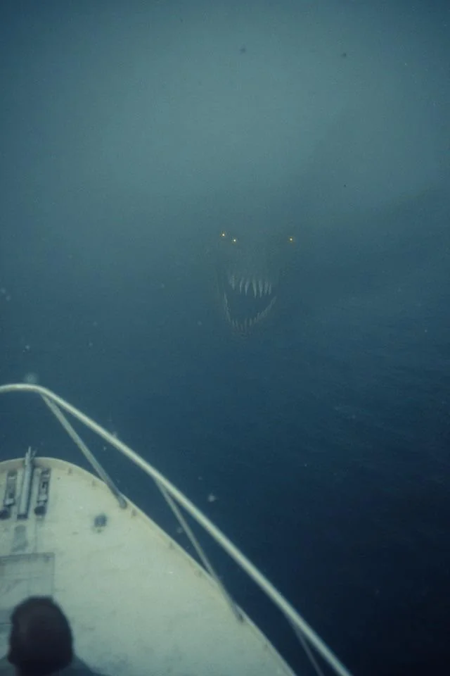A person on a boat looks into dark, foggy water where a large, shadowy creature with glowing eyes and sharp teeth lurks beneath the surface.