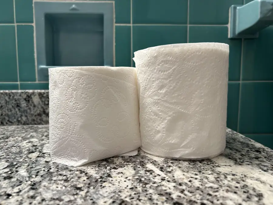 Two rolls of toilet paper sit side by side on a gray granite bathroom counter, with teal tiled walls and a built-in soap holder in the background.
