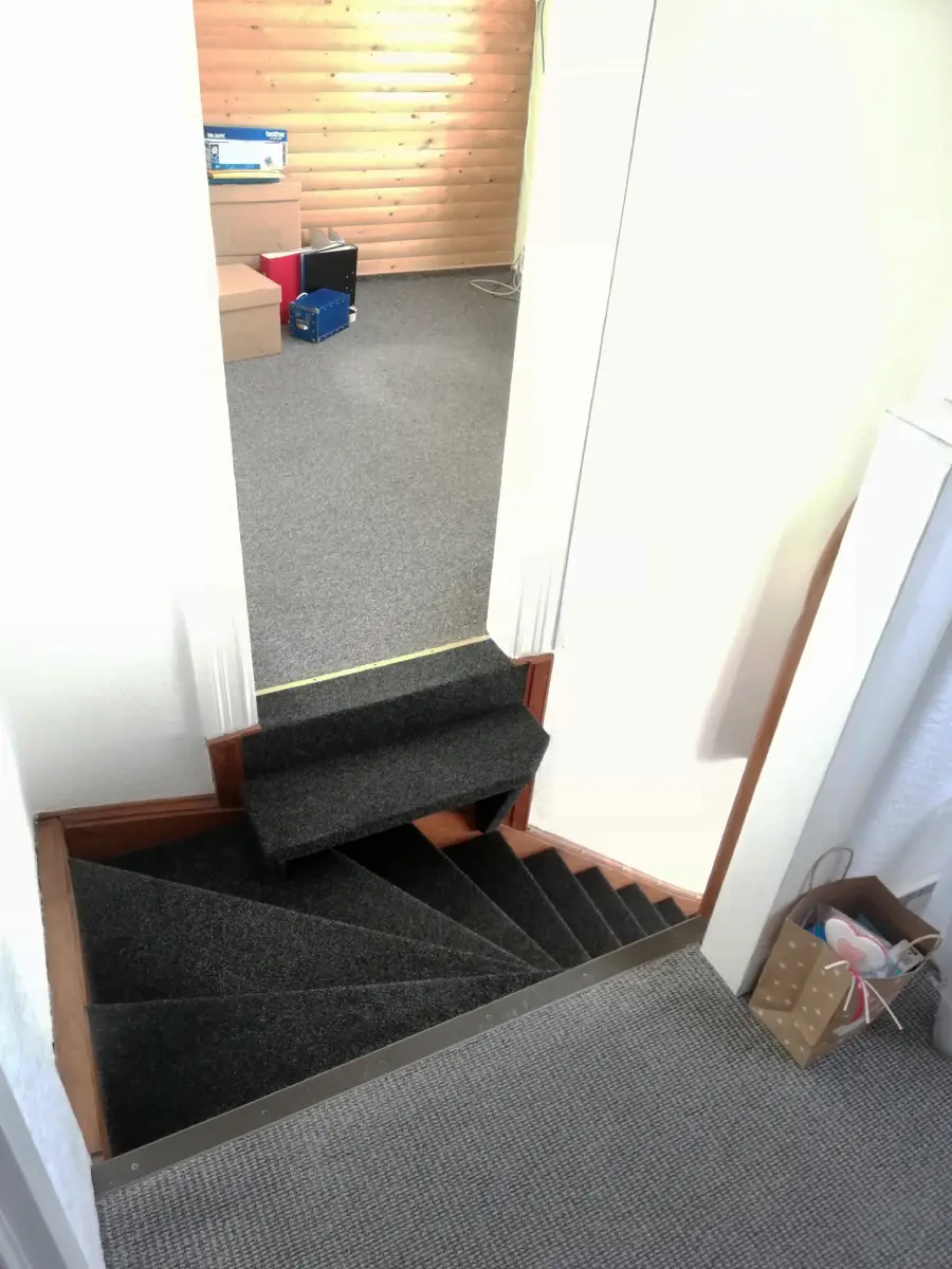 A carpeted staircase leads to a small step up into a room with grey carpet, wood-paneled walls, and some boxes and bags scattered on the floor.