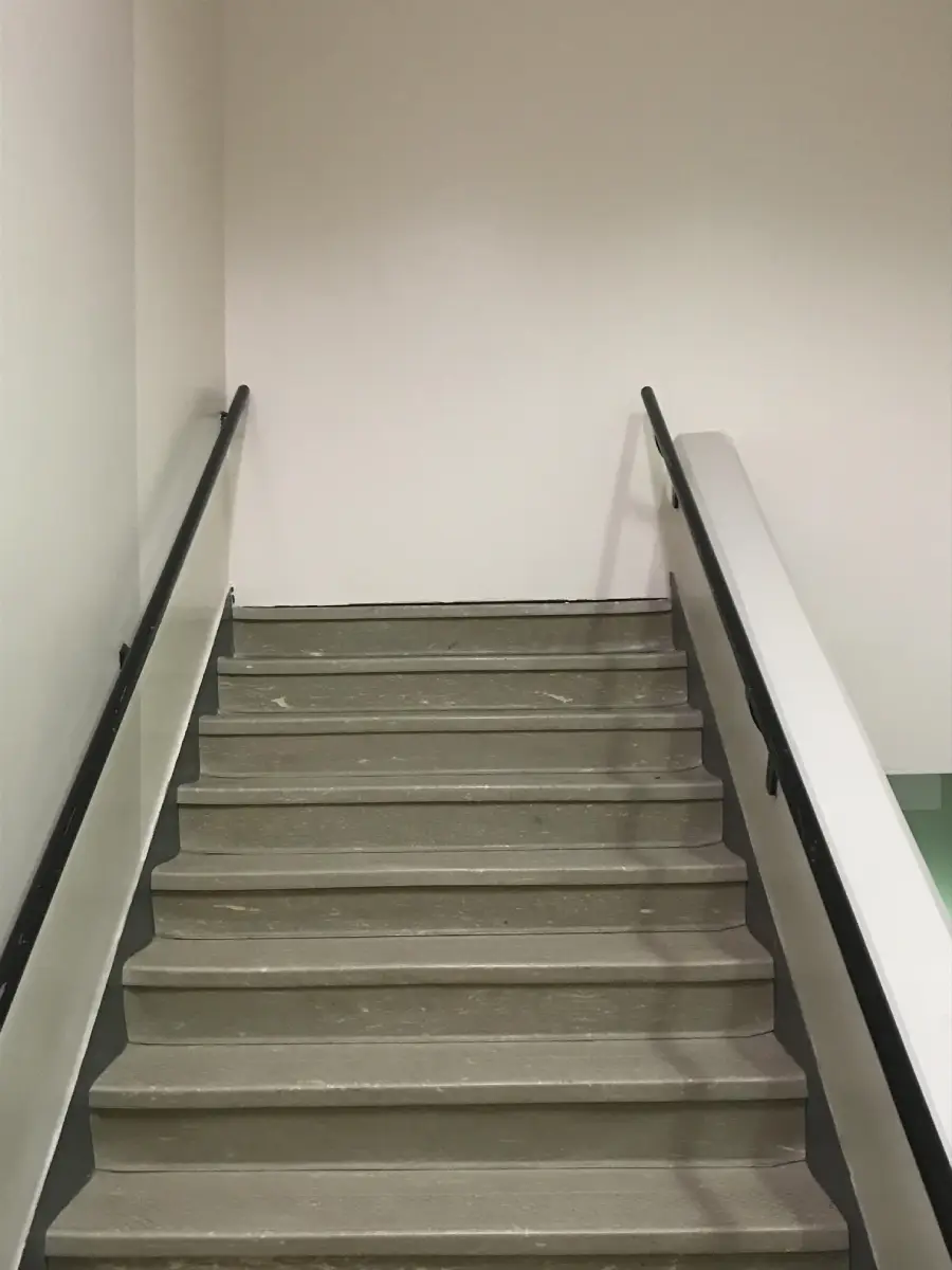 A staircase with gray steps and black handrails on both sides leads up to a blank white wall, with no visible doors or exits at the top.