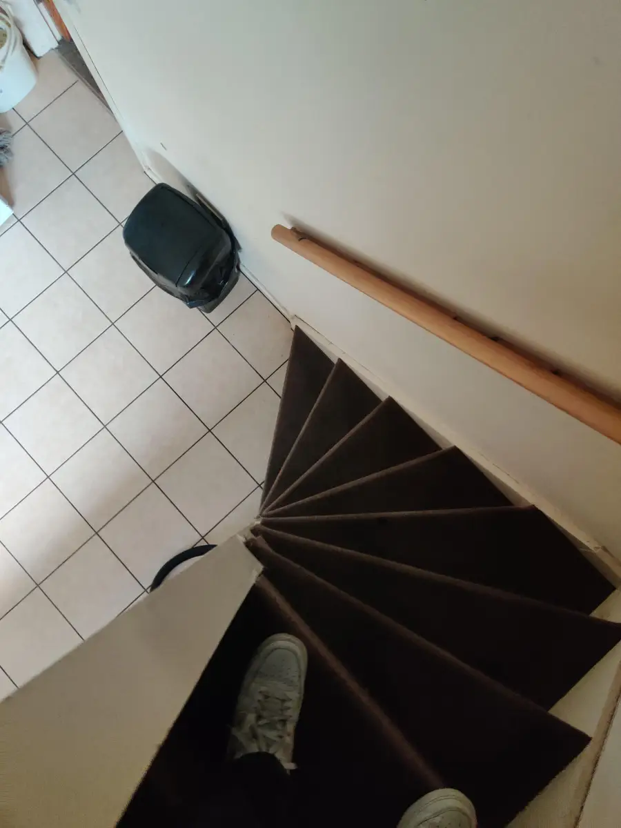 A person stands at the top of a narrow, steep, dark-colored spiral staircase, looking down into a kitchen area with tiled floor, a trash bin, and a wooden handrail on the wall.