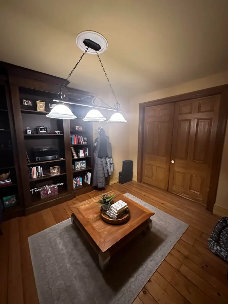 A cozy room with wooden floors, a light fixture, a coffee table with books and a plant, a gray rug, bookshelves, a coat rack with jackets, and double wooden doors.