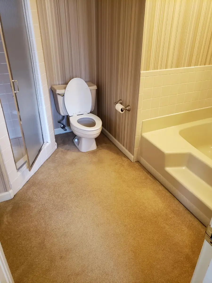 A bathroom with beige carpet flooring, a toilet with an open lid, a toilet paper roll, a bathtub with steps, and a glass shower door. The walls have vertical striped wallpaper and white tiles by the tub.