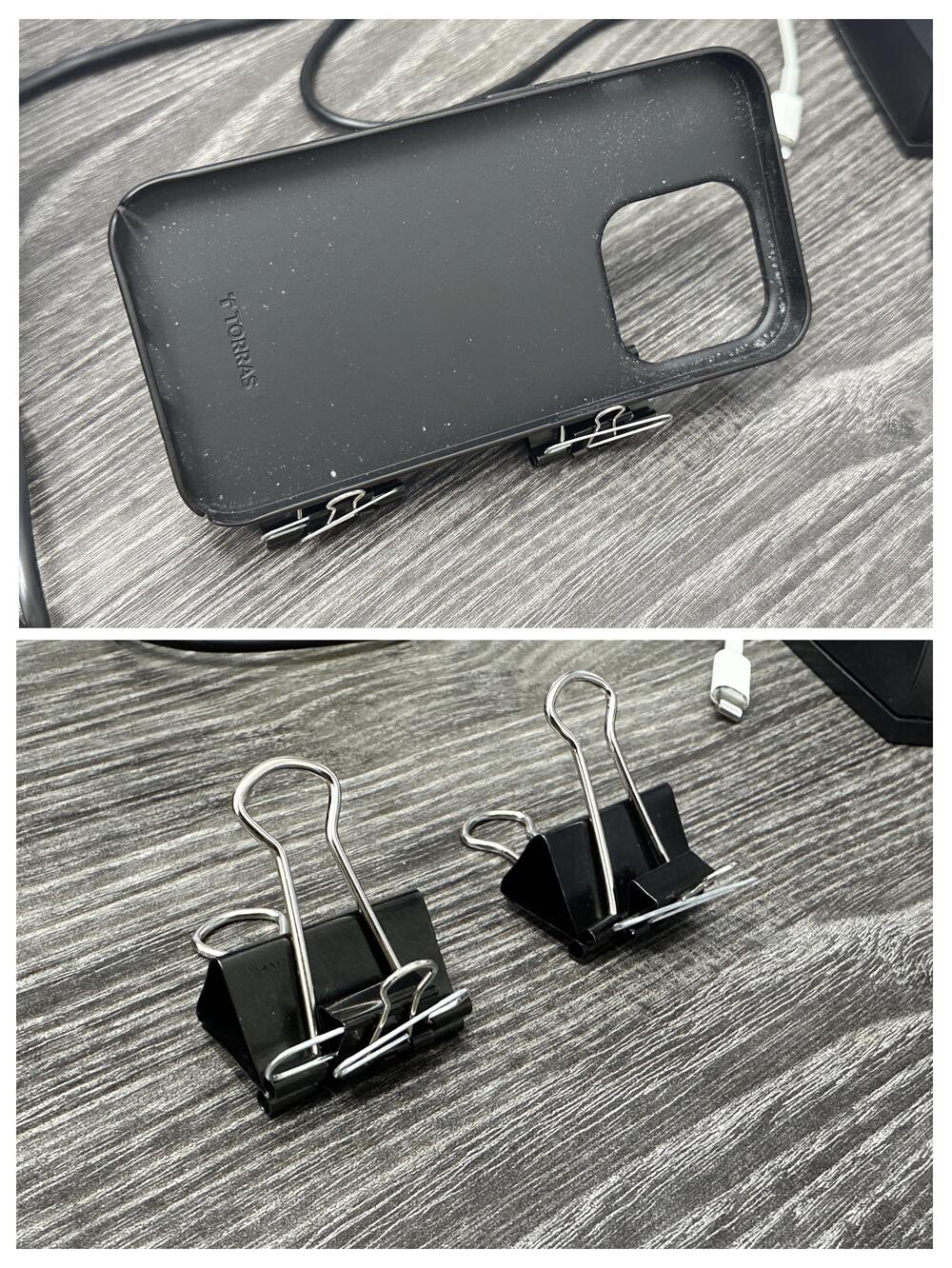 Two photos: The top shows a phone case propped up by binder clips; the bottom shows two binder clips positioned upright on a gray wood surface.