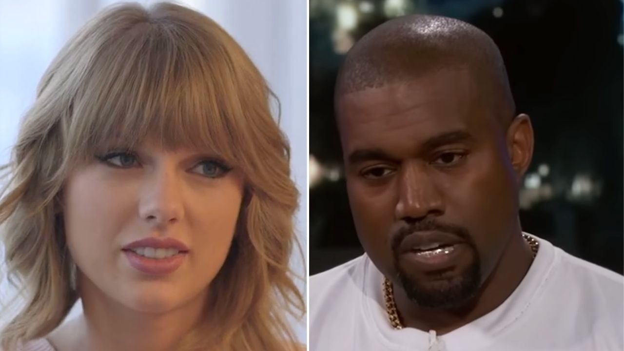 A split image showing Taylor Swift on the left and Kanye West on the right. Both are shown in close-up, head-and-shoulder shots, looking toward the camera.