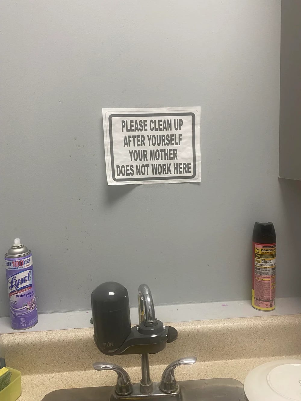 A sign above a sink reads, “Please clean up after yourself. Your mother does not work here.” Lysol and cleaning spray cans are on the counter.