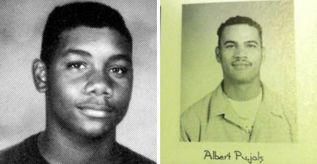 Side-by-side black-and-white yearbook portraits of two young men; the left is unsmiling, and the right has a faint mustache and "Albert Pujols" written underneath his photo.