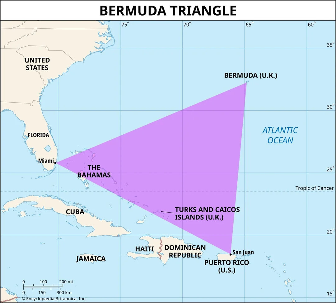 Map showing the Bermuda Triangle as a purple triangle connecting Miami (Florida), Bermuda (U.K.), and San Juan (Puerto Rico) in the Atlantic Ocean, with surrounding countries labeled.