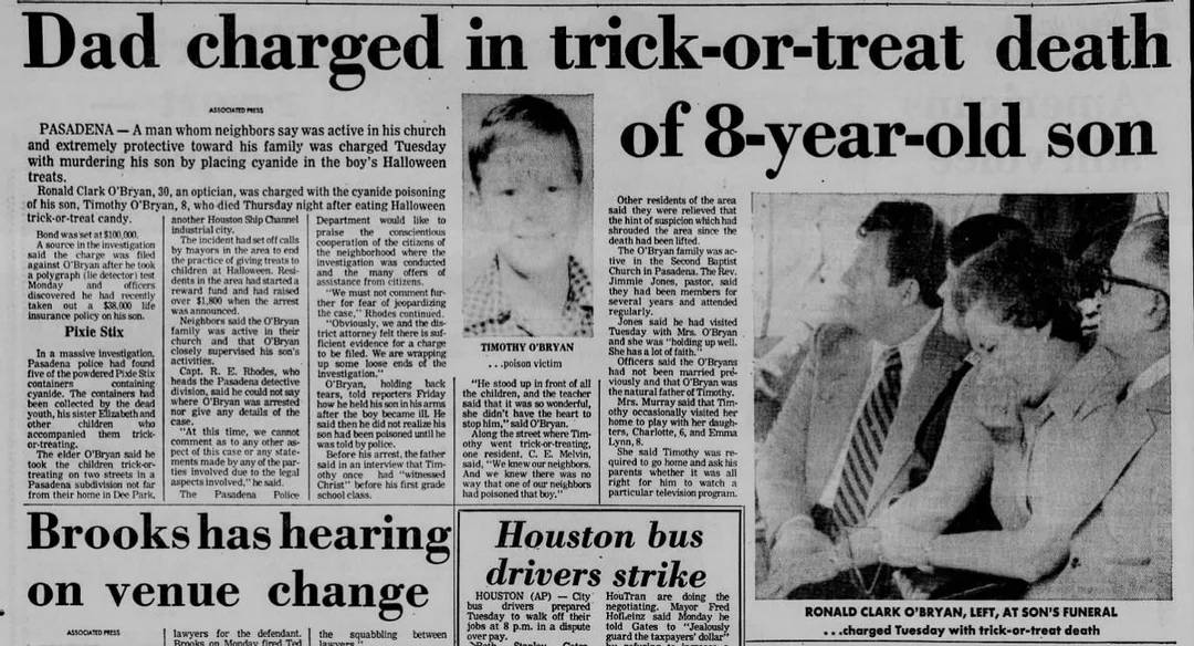 Newspaper clipping with the headline: “Dad charged in trick-or-treat death of 8-year-old son.” Includes a photo of a young boy, Timothy O’Bryan, and an image of adults seated at a table.