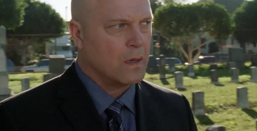 A bald man in a suit stands in a cemetery during the day, looking to his left with a serious expression. Gravestones and trees are visible in the background.