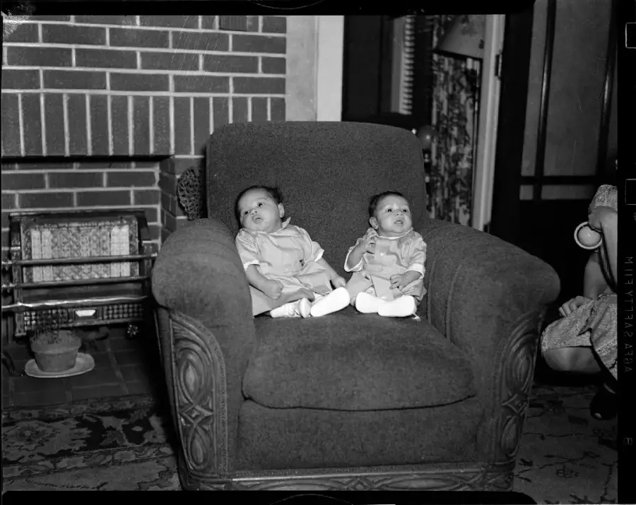 Two babies sit together on a large upholstered armchair in a cozy living room, near a fireplace and a potted plant. The babies are dressed similarly and appear to be twins. A partial adult figure is visible on the right.
